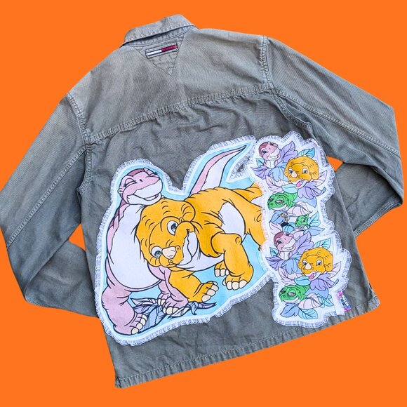 SOLD Handmade, Upcycled Land Before Time Tommy Jeans Green Denim Jacket Size M - Picture 1 of 4